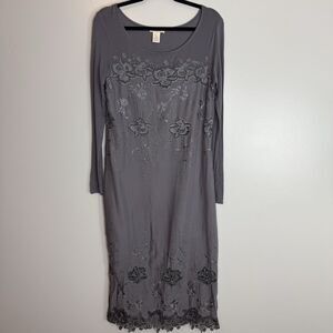Sundance Embroidered Grey Long Sleeve Midi Dress Lace Knit Gray Size 4 Boho
